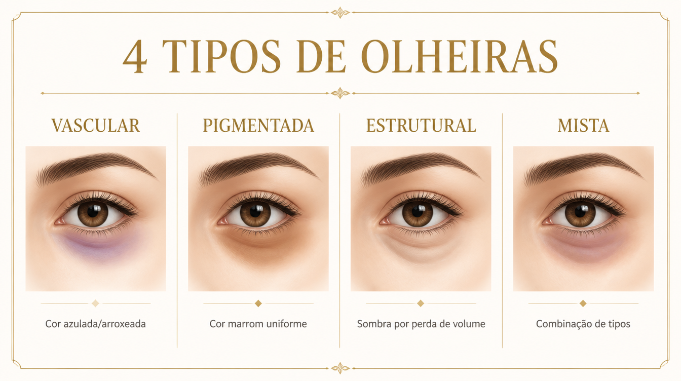 Infográfico dos 4 tipos de olheiras: vascular, pigmentada, estrutural e mista