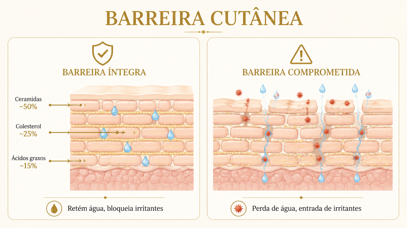 Infográfico da barreira cutânea: íntegra vs comprometida