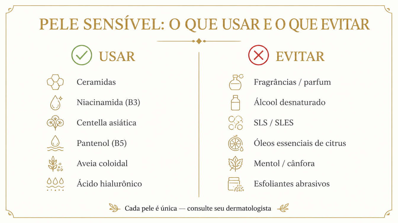 Infográfico de ingredientes para usar e evitar na pele sensível