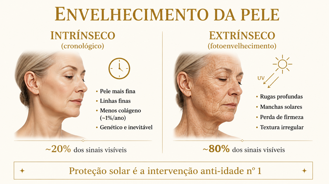 Infográfico envelhecimento intrínseco vs extrínseco da pele