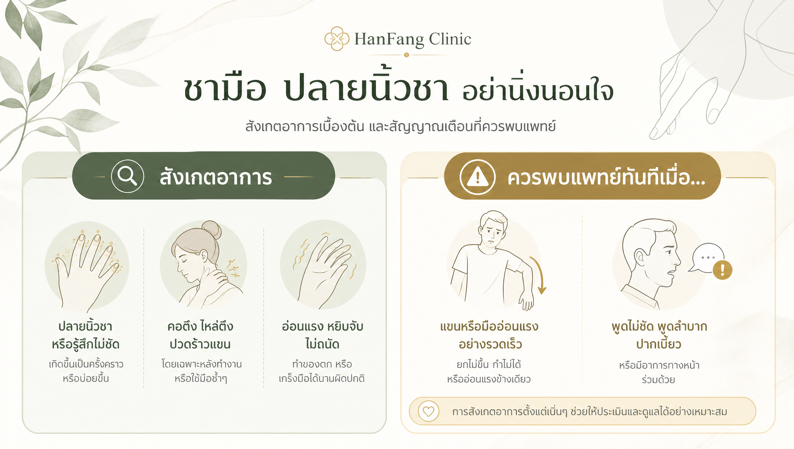 สัญญาณที่ควรพบแพทย์เมื่อมีอาการมือชา เช่น อ่อนแรงหรือพูดไม่ชัด