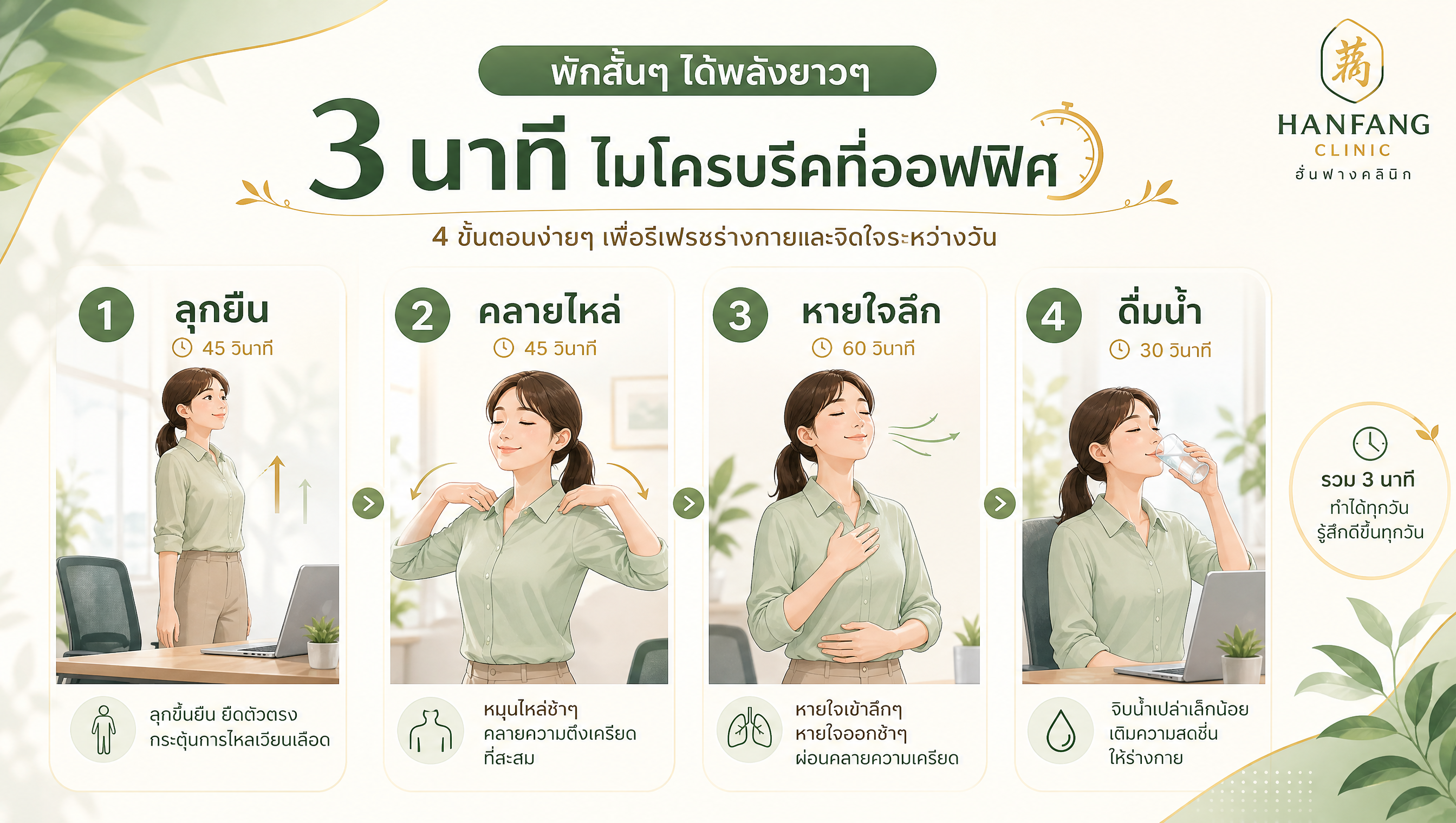 ขั้นตอนพัก 3 นาทีระหว่างงานสำหรับคนทำงานออฟฟิศ