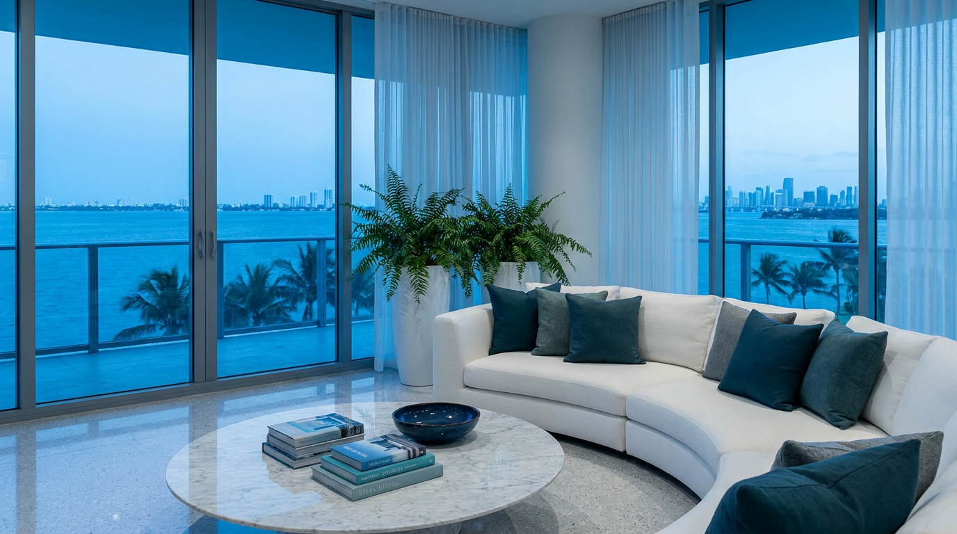 Sunlit Miami high-rise living room with white curved sofa, marble coffee table, and panoramic ocean view through floor-to-ceiling windows.