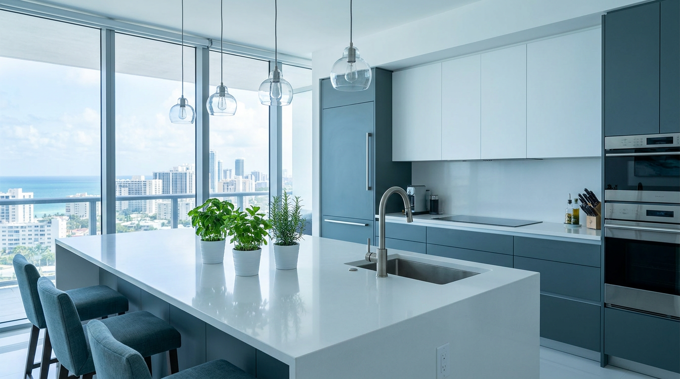 Sparkling Miami kitchen with white quartz counters and skyline view