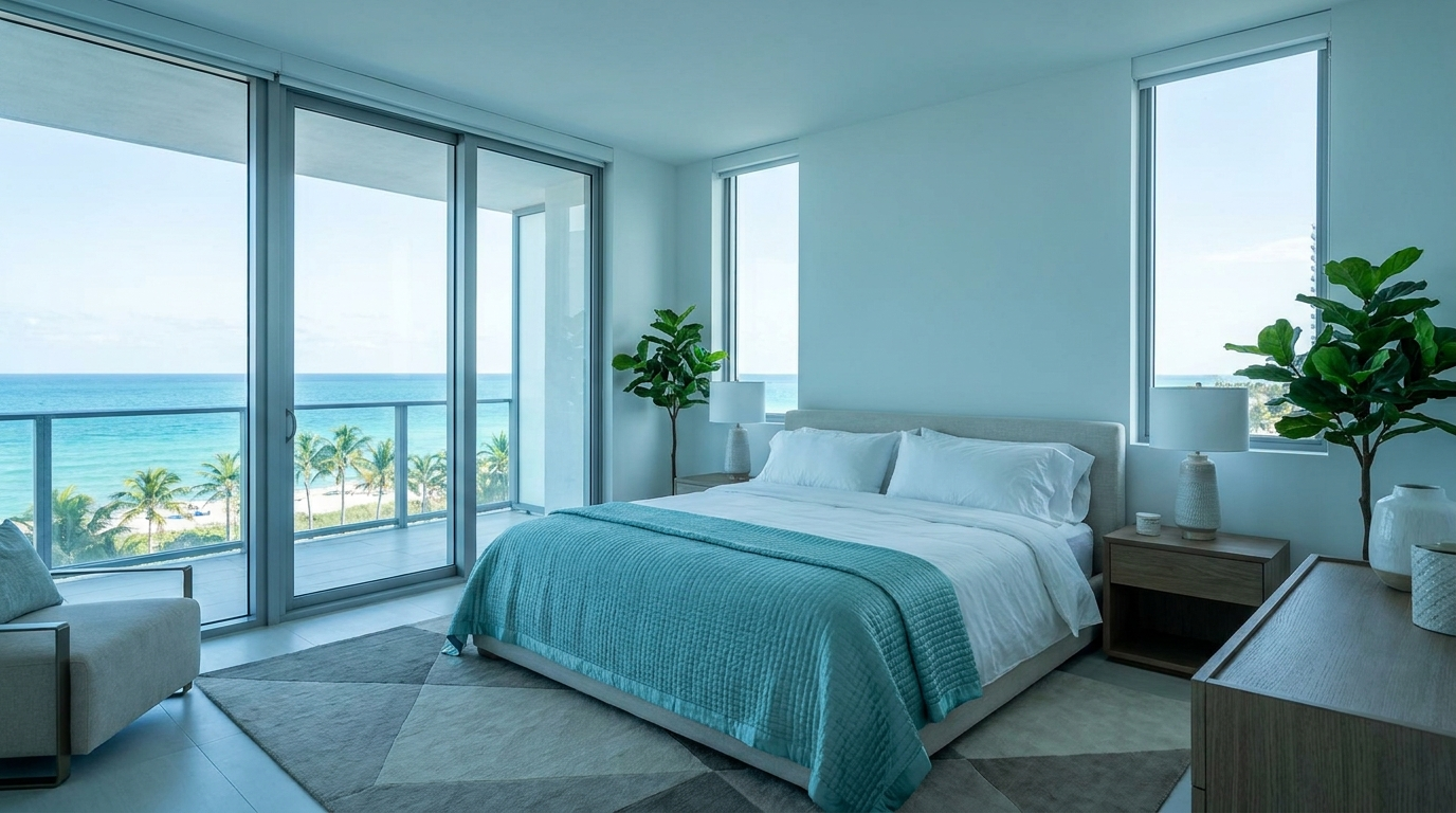 Bright Miami bedroom with crisp white linens and ocean view