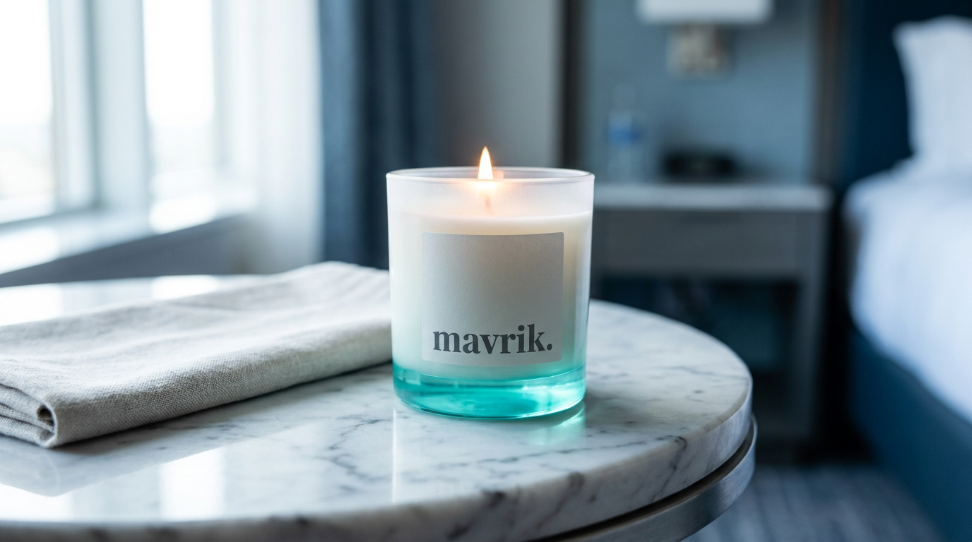 Lit signature soy candle on a marble side table, mavrik. label