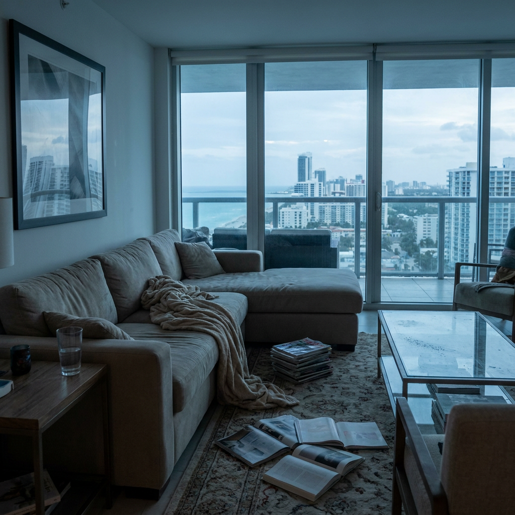 Living room before cleaning — slightly cluttered