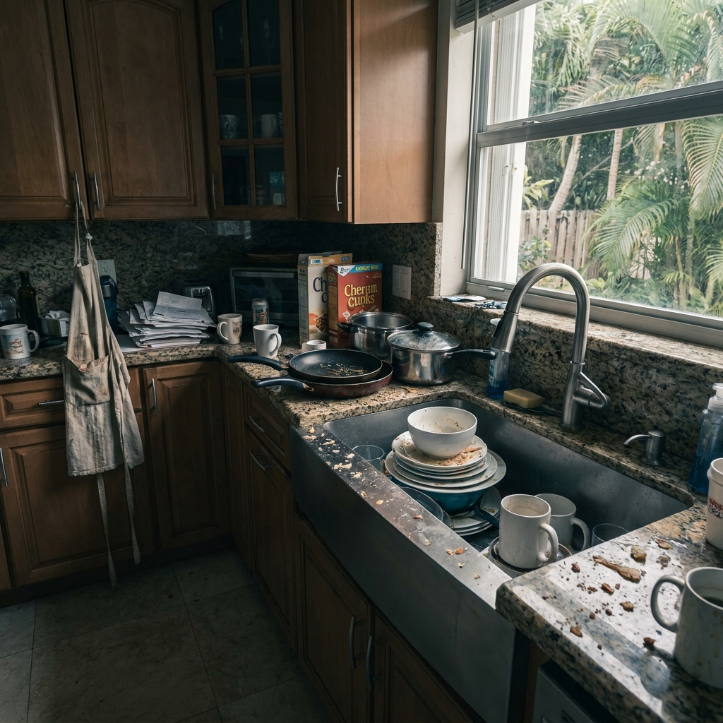 Kitchen before cleaning — dishes in sink, splatters on counter