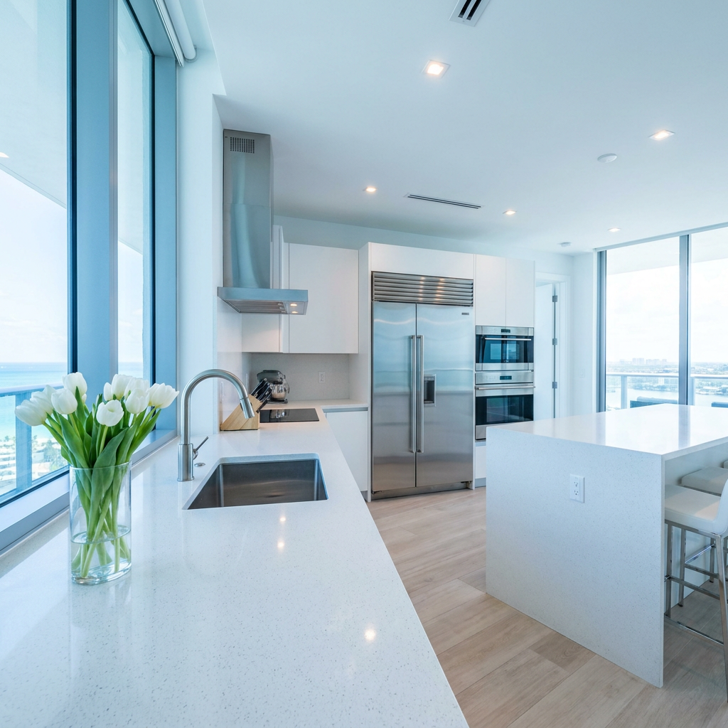 Same kitchen after — sparkling clean quartz counters