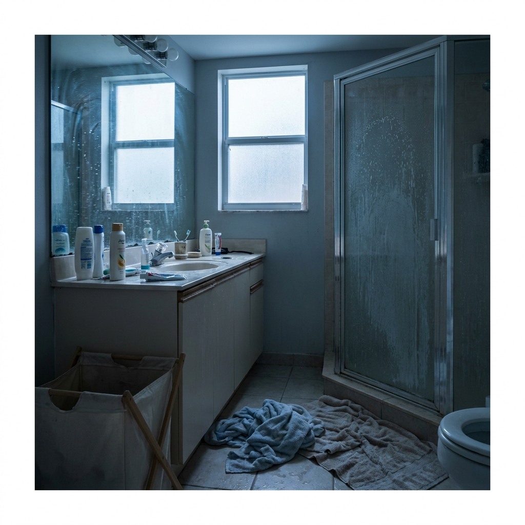 Bathroom before cleaning — water spots, crumpled towels