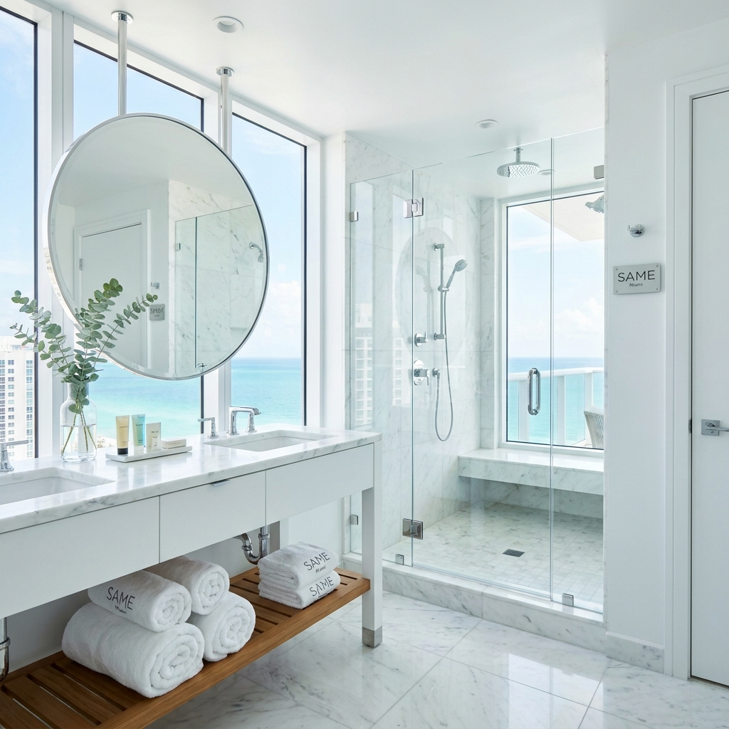 Same bathroom after — spotless, spa-like, rolled towels