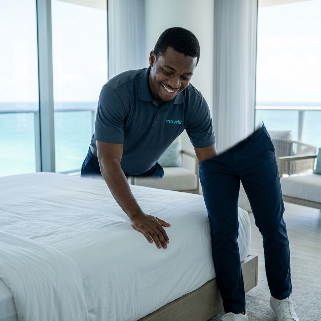 Andre, mavrik cleaner, making a bed in a Miami bedroom