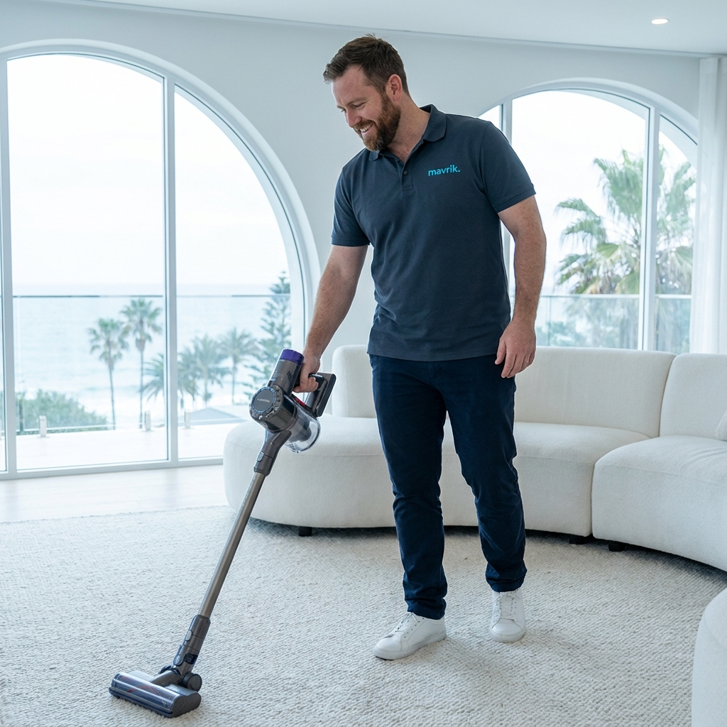 Mark, mavrik cleaner, vacuuming a living room rug