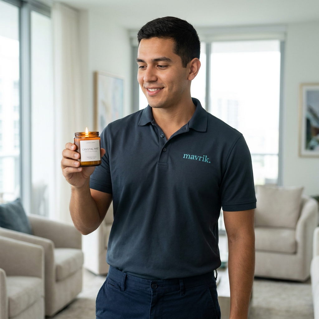 Diego, mavrik cleaner, holding the signature soy candle