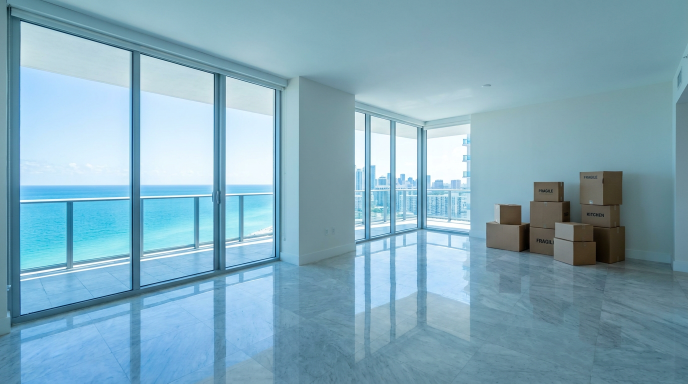 Empty Miami condo with floor-to-ceiling windows and stacked moving boxes