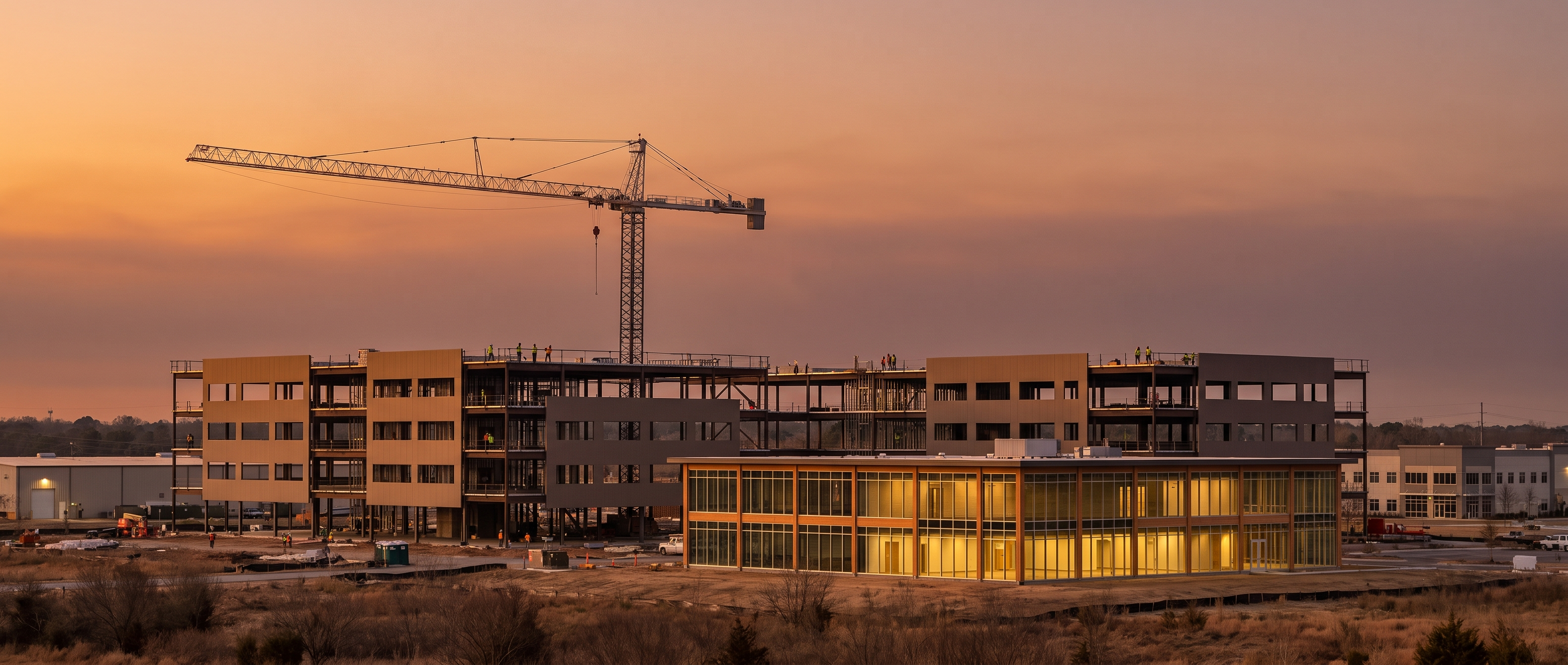 Commercial construction at golden hour