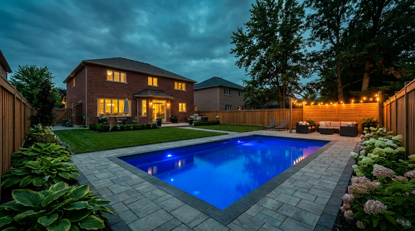 Inground pool with evening lighting — Aylmer ON