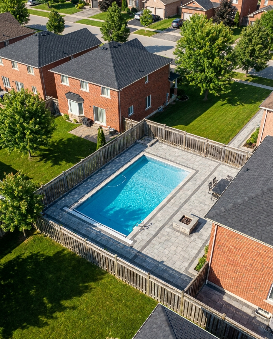 Aerial view of a completed Pool-Ex backyard project