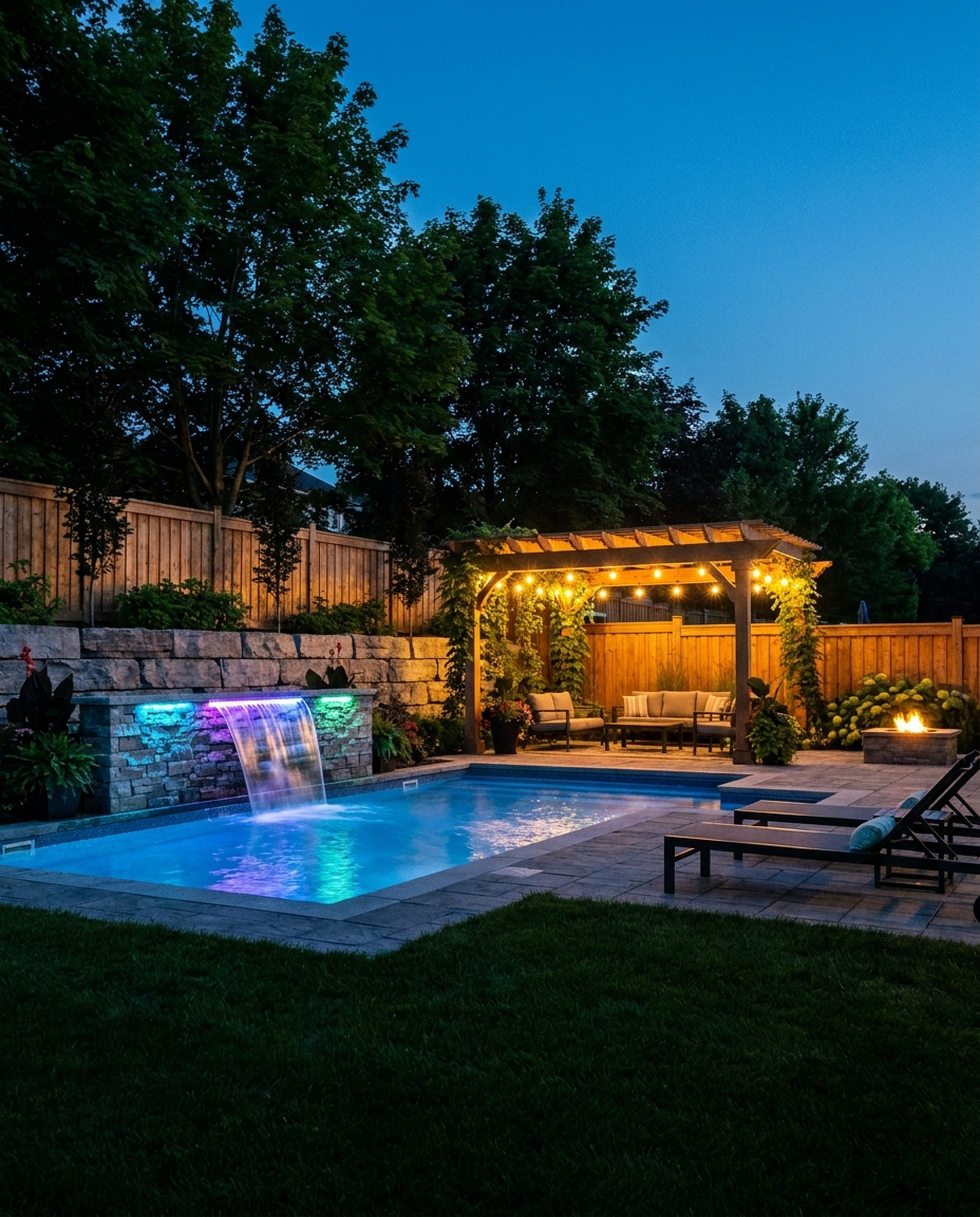 Stone waterfall feature at twilight — London ON