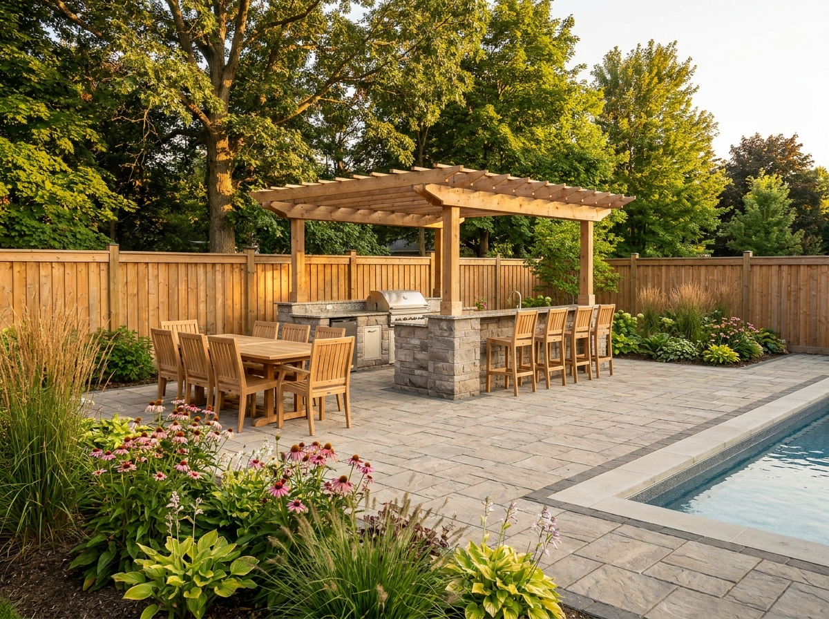 Poolside patio and outdoor living space