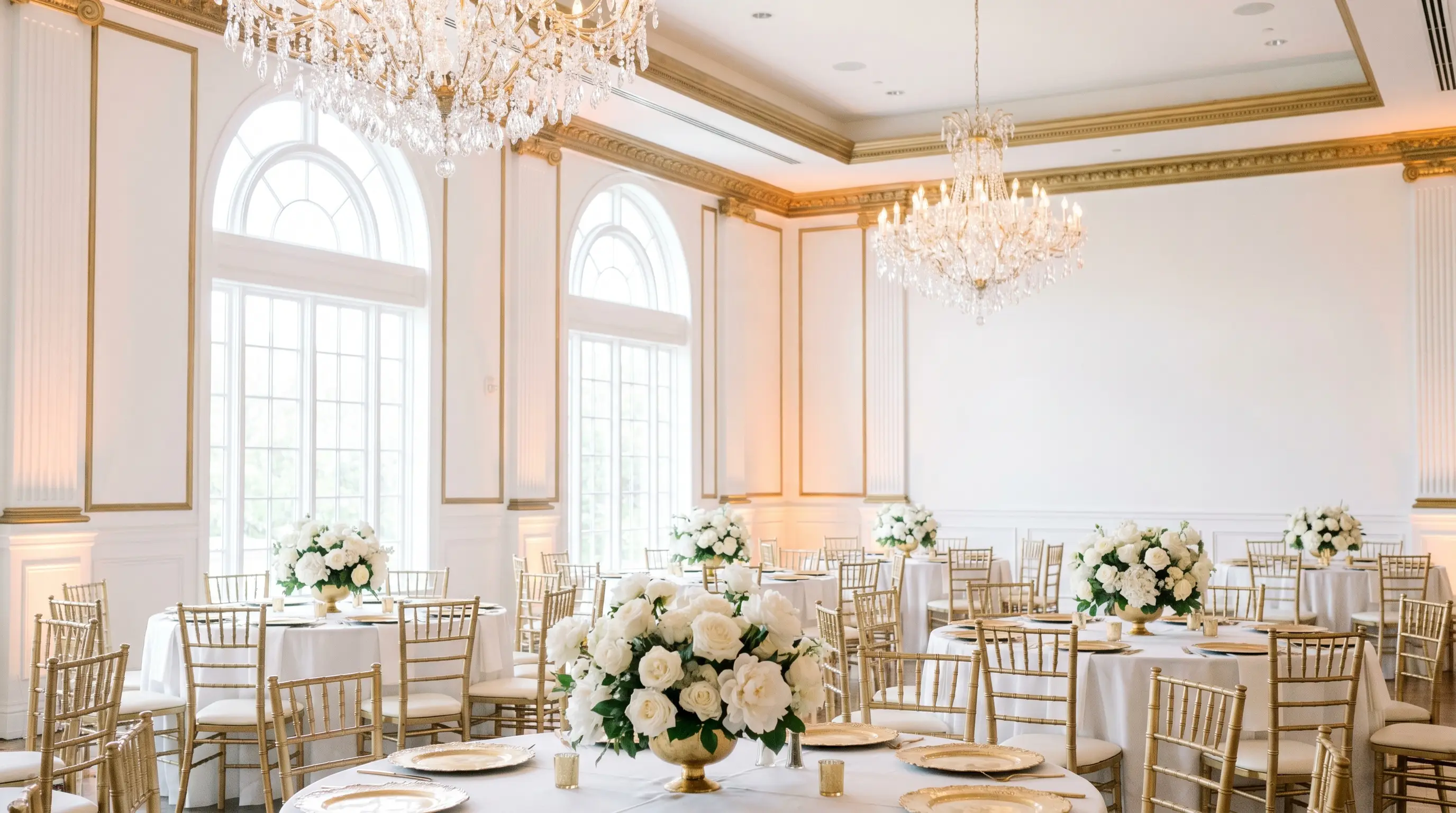 Luxurious Houston event venue with white and gold decor, crystal chandeliers, and elegant floral centerpieces