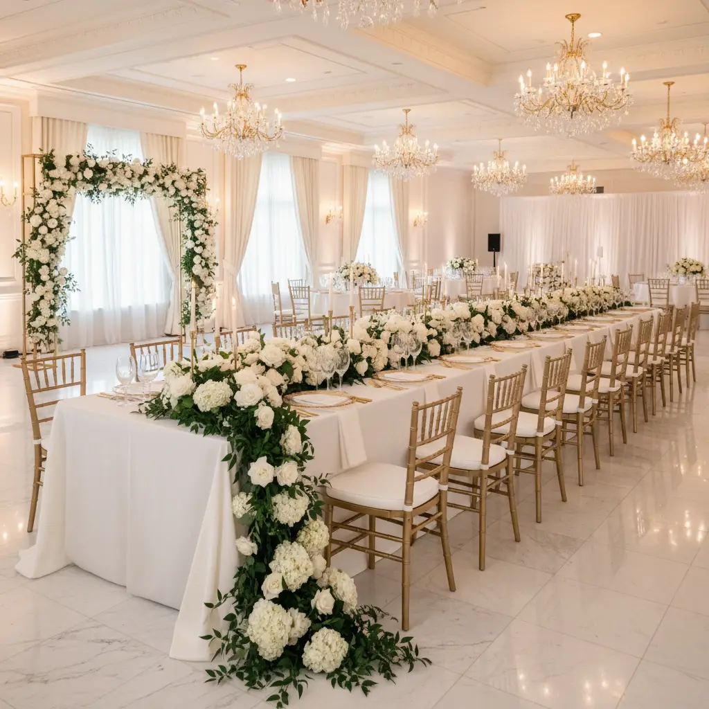Elegant wedding reception with white and gold table settings