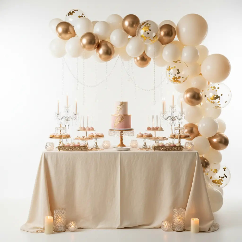 Milestone birthday celebration with tiered cake and balloon garland