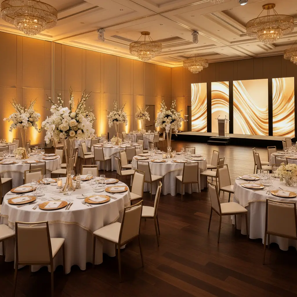 Polished corporate gala with elegant table settings and uplighting