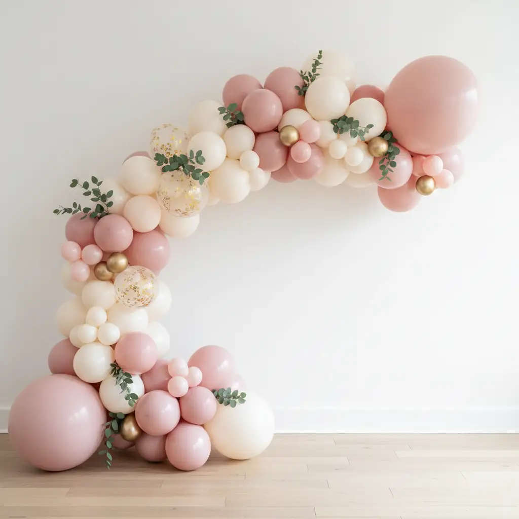 Organic balloon garland in blush pink ivory and champagne gold