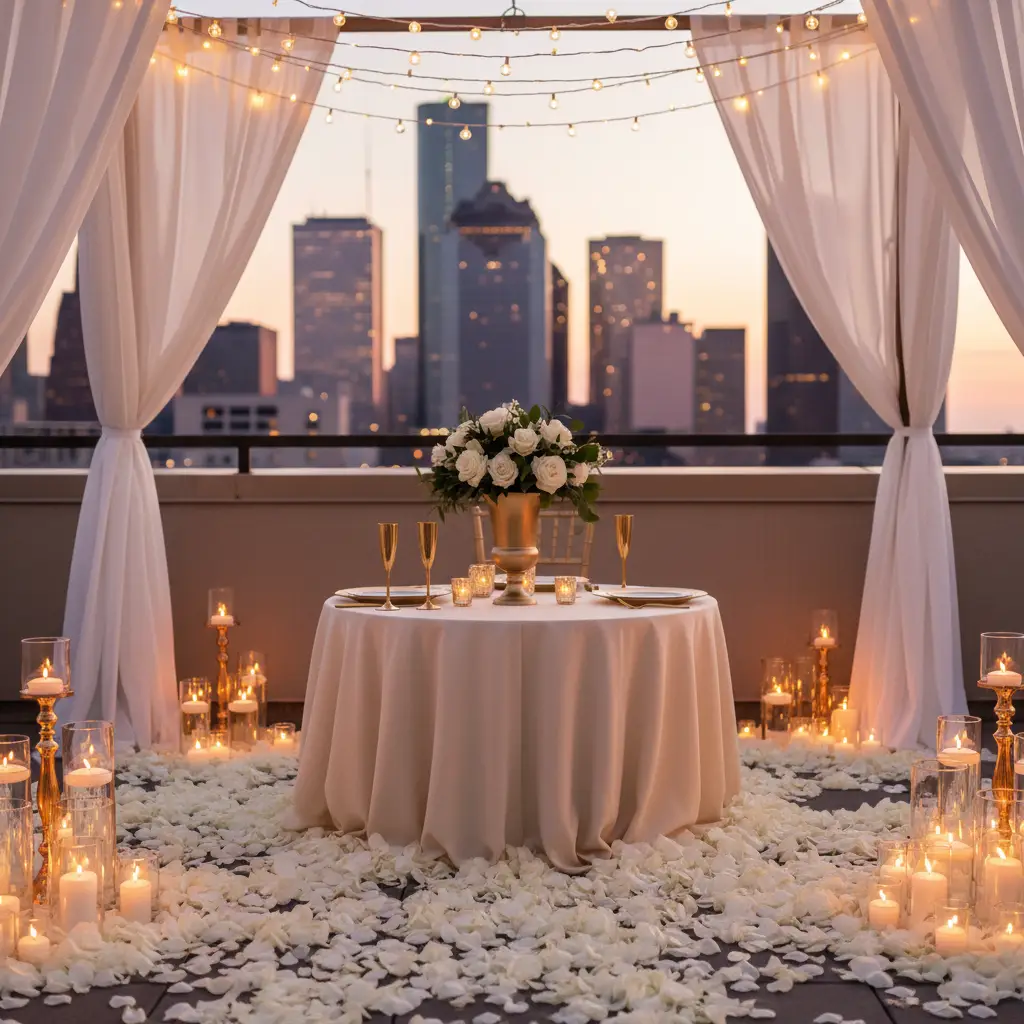 Romantic engagement proposal setup with candles and rose petals