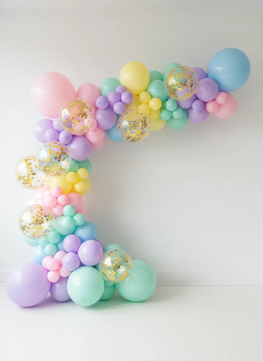 Colorful pastel balloon arch installation