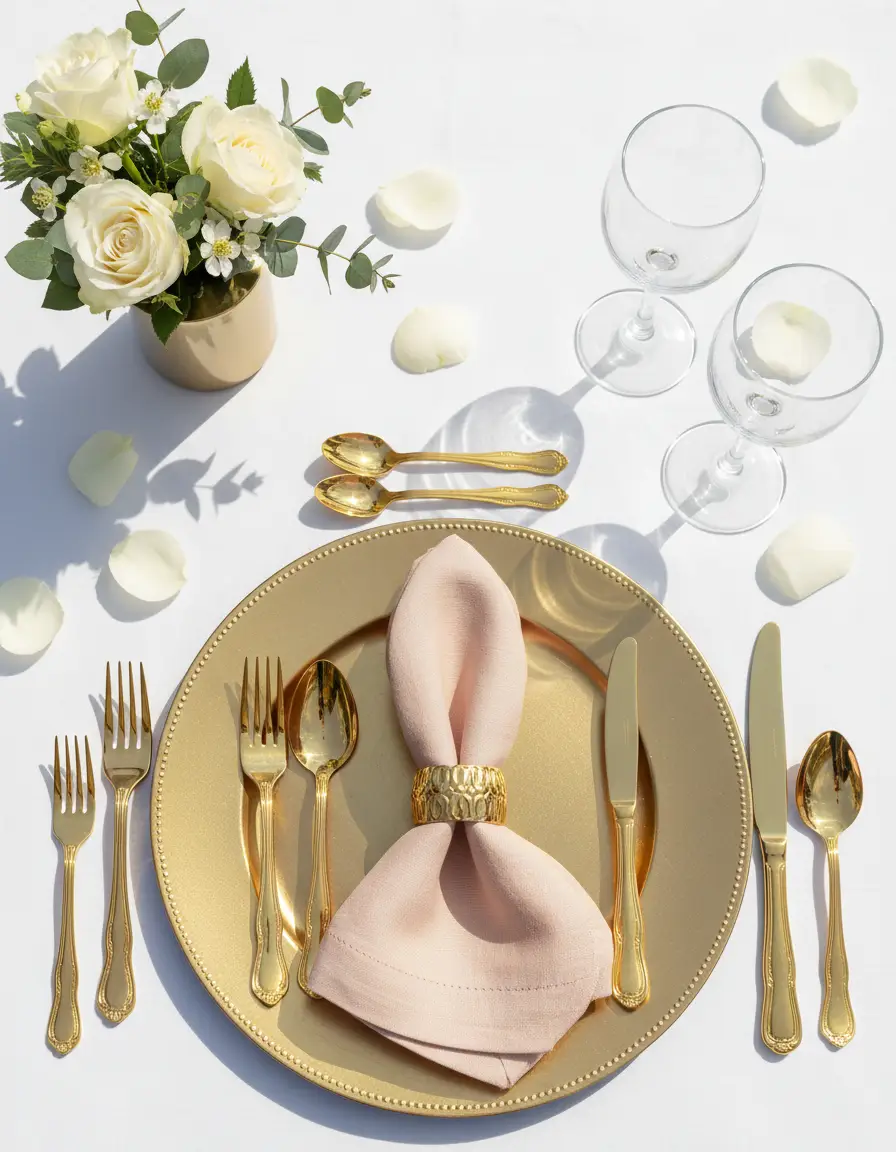Elegant tablescape with gold cutlery and floral arrangement styled by IC Grace Events