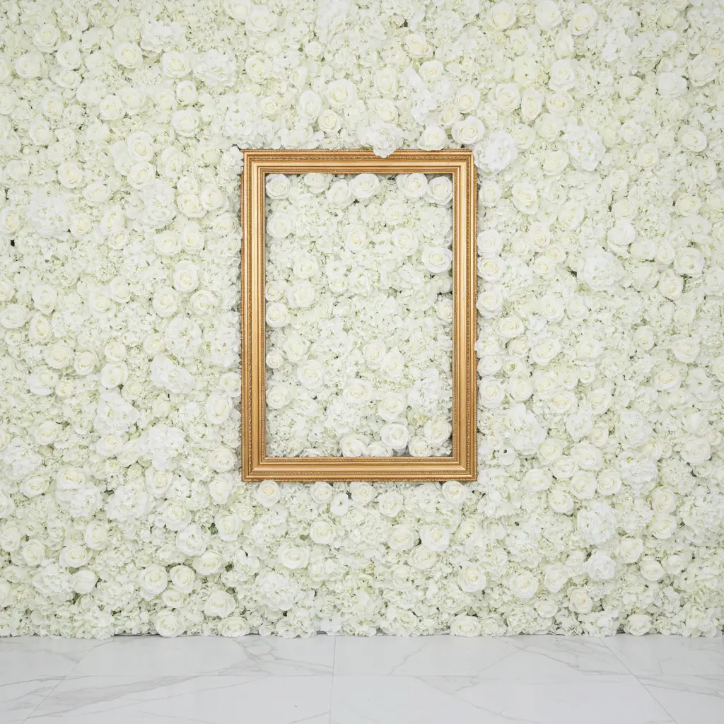 White flower wall backdrop with gold frame