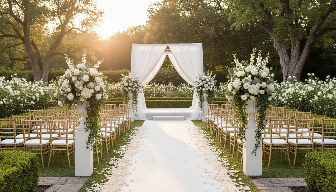 Wedding ceremony with gold chiavari chairs and floral pedestals