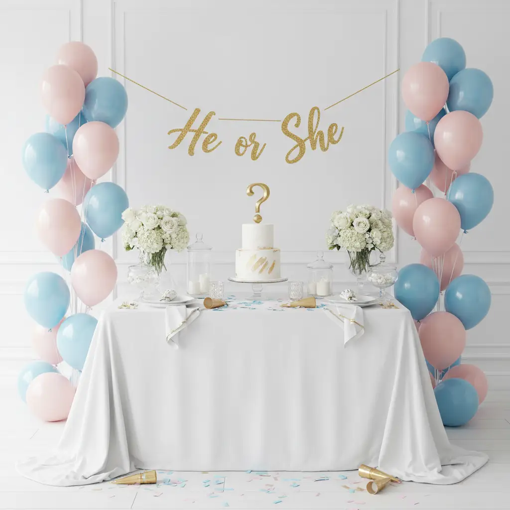 Gender reveal party with blue and pink balloon columns