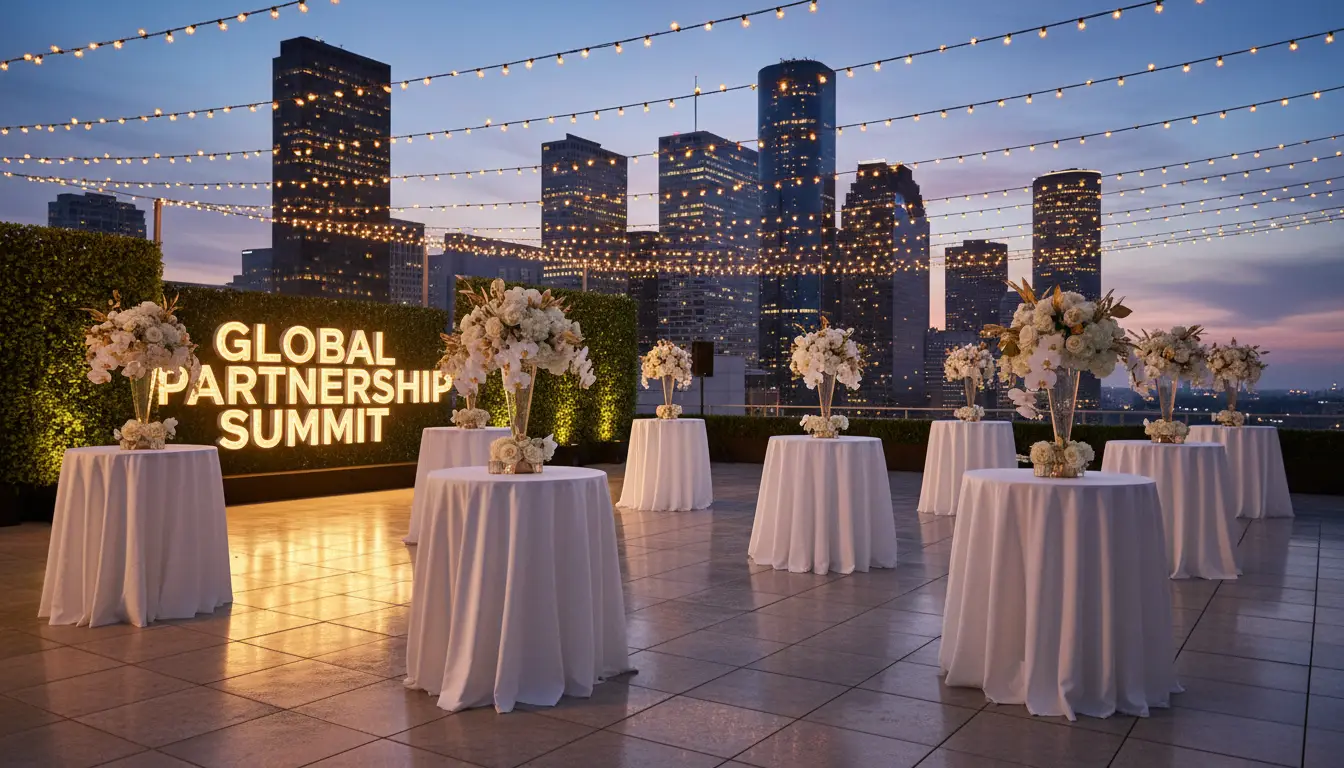 Outdoor corporate event with Houston skyline
