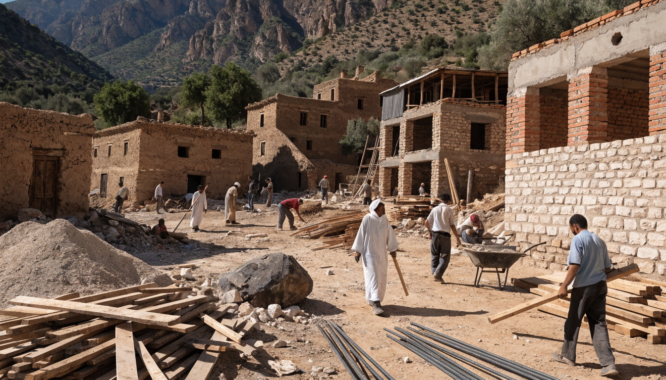Reconstruction parasismique d'un village de l'Atlas après le séisme d'Al Haouz Reconstruction parasismique d'un village de l'Atlas après le séisme d'Al Haouz