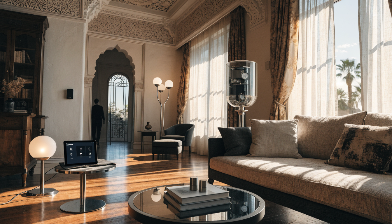 Intérieur d'une maison connectée avec tablette de contrôle domotique Intérieur d'une maison connectée avec tablette de contrôle domotique
