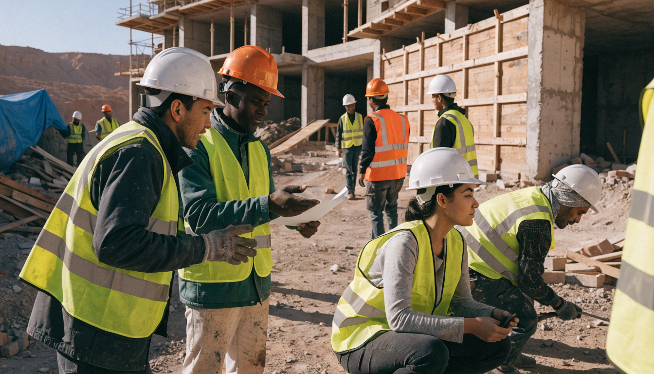 Équipe d'ouvriers du BTP sur un chantier au Maroc Équipe d'ouvriers du BTP sur un chantier au Maroc