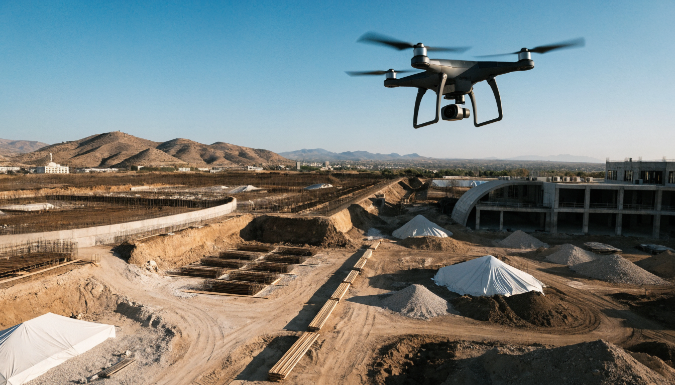 Drone survolant un grand chantier de construction au Maroc Drone survolant un grand chantier de construction au Maroc