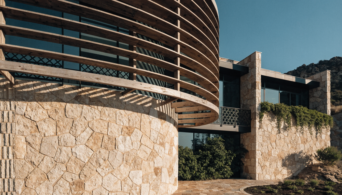 Façade de villa bioclimatique au Maroc avec brise-soleil Façade de villa bioclimatique au Maroc avec brise-soleil