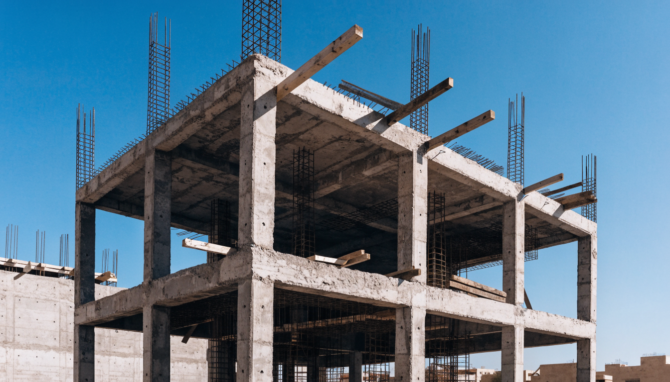 Prix du gros œuvre au Maroc en 2026 : béton, briques et ferraillage au m² 1 Structure en béton armé et ferraillage d'un bâtiment en construction