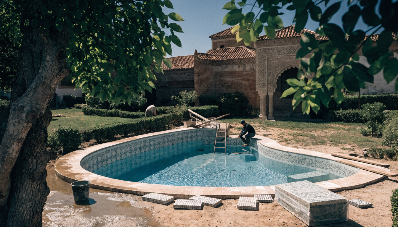 Construire une piscine au Maroc : prix, types et démarches en 2026 1 Construction d'une piscine dans le jardin d'une villa au Maroc