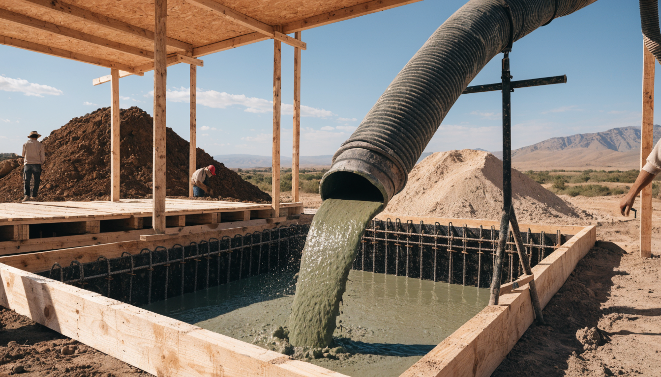 Béton bas carbone et ciments verts au Maroc : la construction se décarbone 1 Coulage de béton bas carbone sur un chantier durable au Maroc