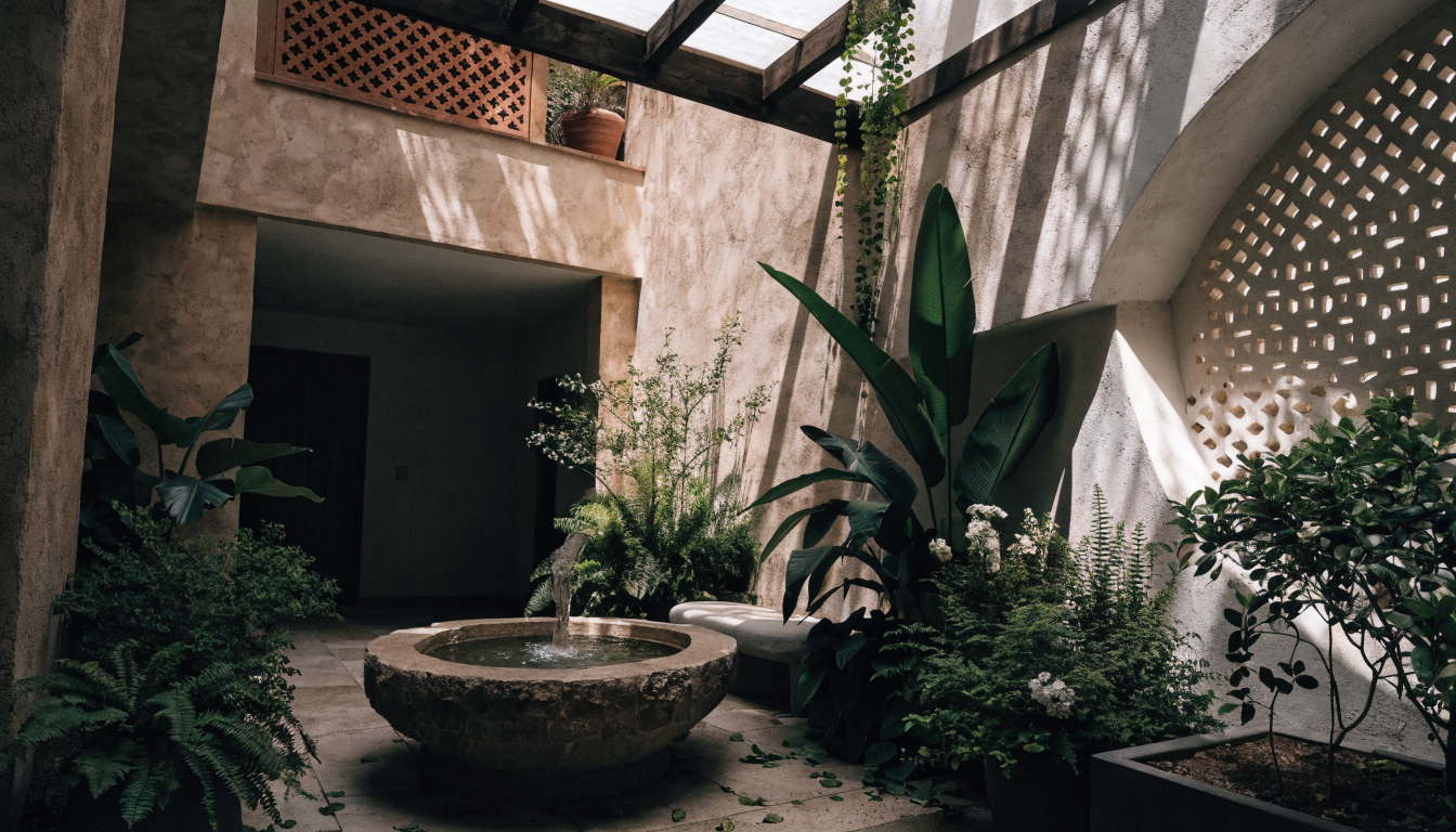 Rafraîchissement passif au Maroc : concevoir une maison fraîche sans surconsommer 1 Patio intérieur frais et ombragé d'une maison marocaine