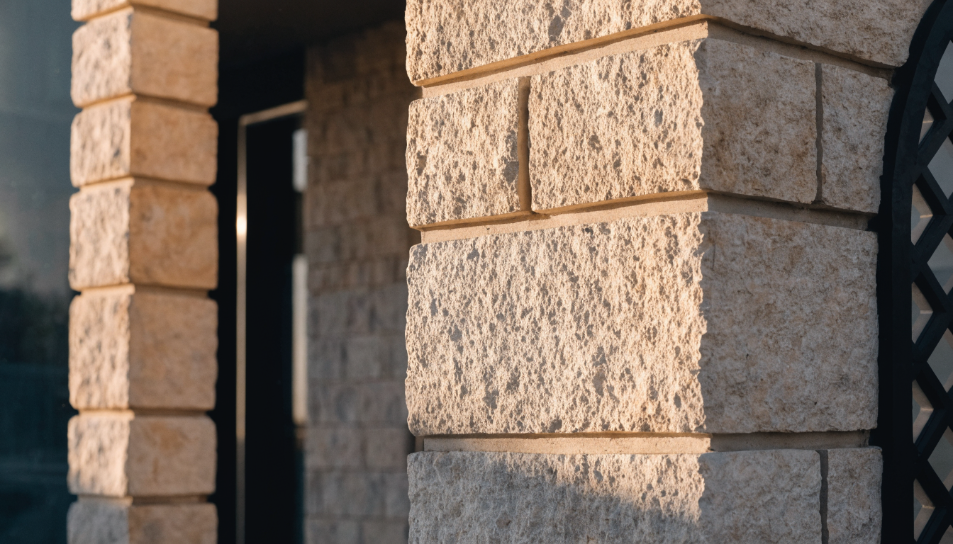 Pierre de Taza : prix, finitions et utilisations de la pierre star du Maroc 1 Habillage en pierre de Taza beige sur la façade d'une villa marocaine