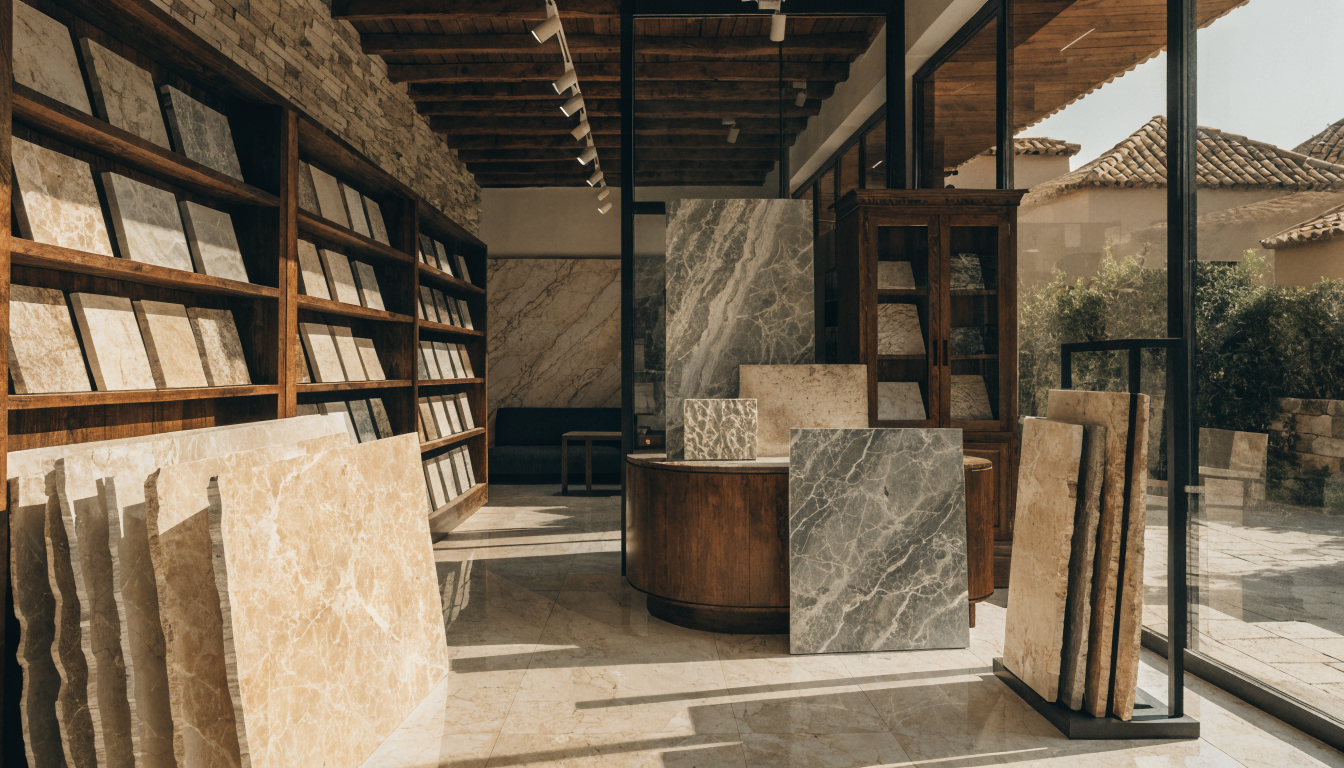 Dalles de marbre et travertin exposées dans un showroom au Maroc Dalles de marbre et travertin exposées dans un showroom au Maroc