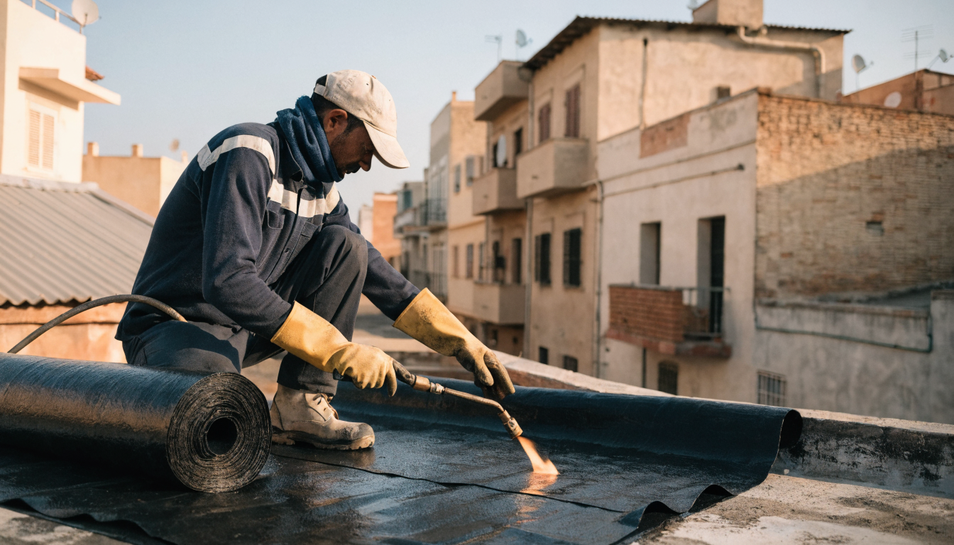 Application d'une membrane d'étanchéité bitumineuse au chalumeau sur une terrasse au Maroc Application d'une membrane d'étanchéité bitumineuse au chalumeau sur une terrasse au Maroc