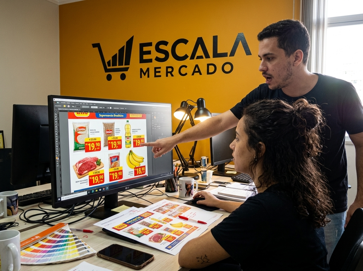Equipe da Escala Mercado revisando encarte