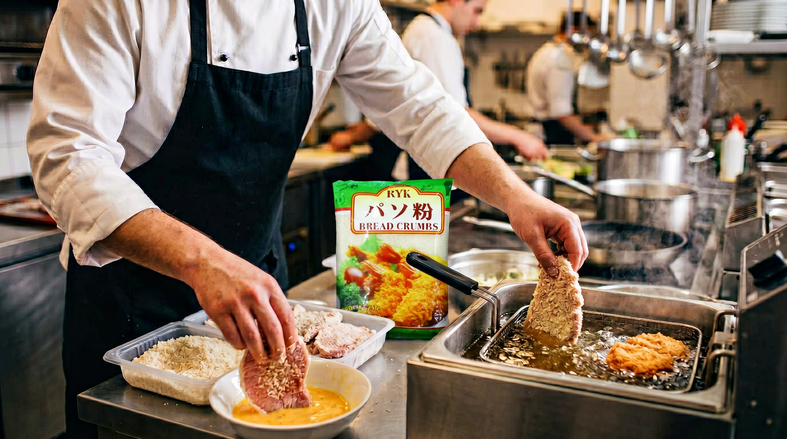 Chef breading and frying tonkatsu with RYK Panko in a professional kitchen | Addtocart Dubai UAE